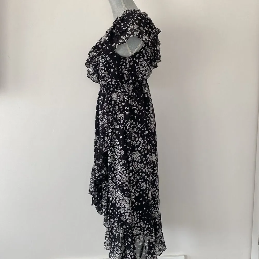 Lulus Floral Black White Ruffled Flounce Midi Dress sz M Sheer Romantic Girly - Picture 4 of 15